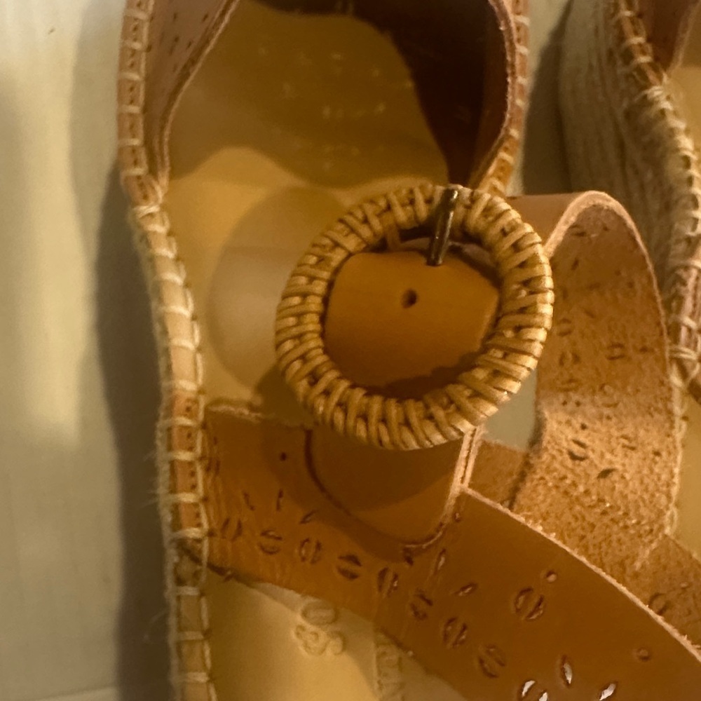 Soludos x Anthro laser tan Sofia Tan leather Woven Platform espadrille Sandals - Picture 9 of 13
